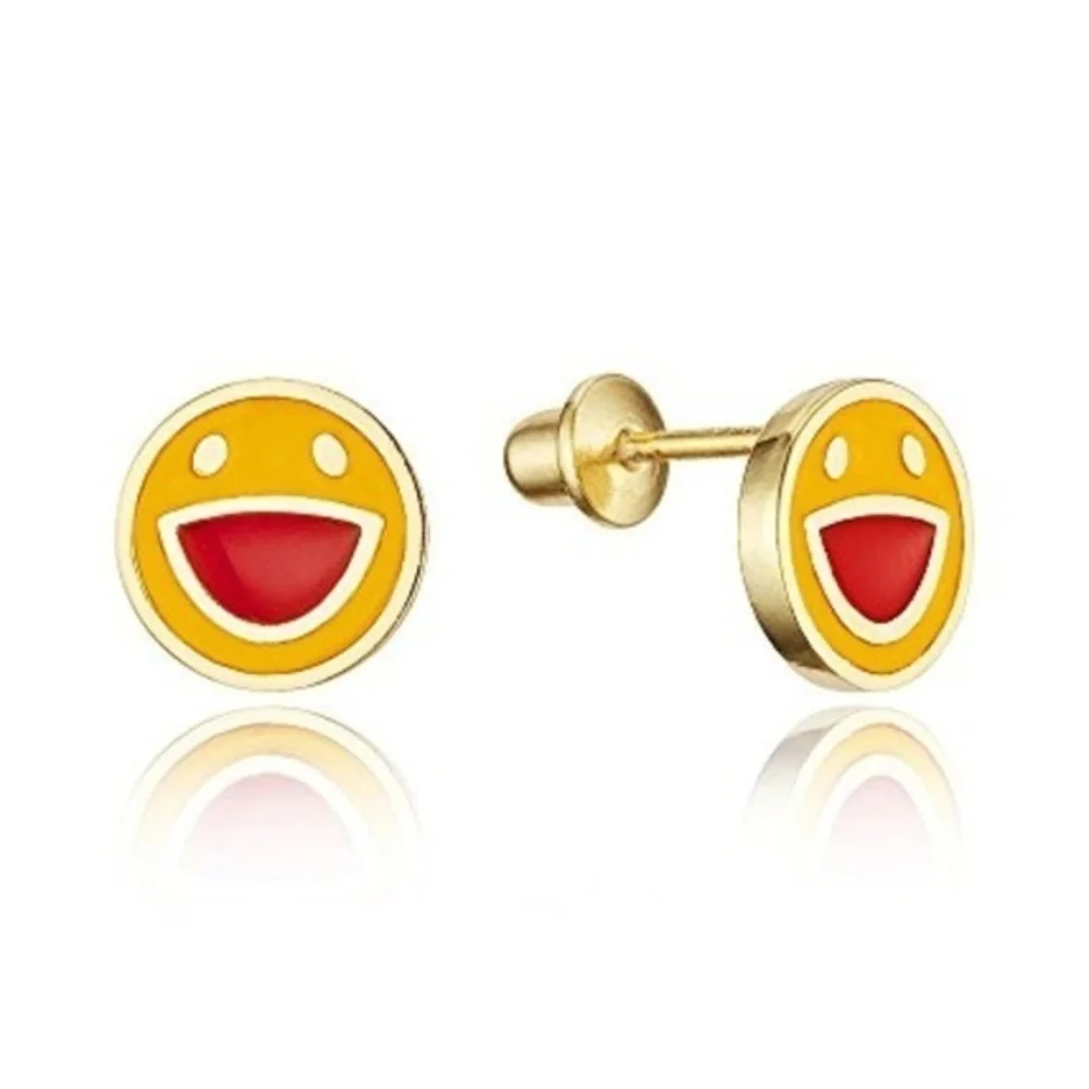 14k Gold Plated Happy Face Girls Screwback Earrin.